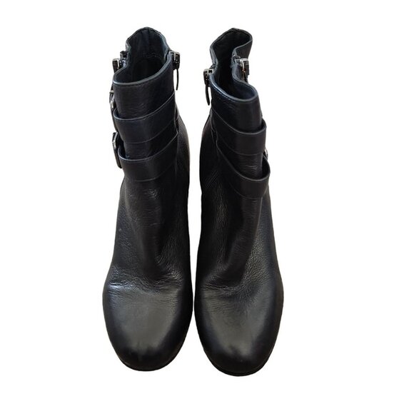 Via Spiga Womens Leather Ankle Boots 10M Zip Black Italy Buckle Moto Chic FLAWS - Picture 12 of 14